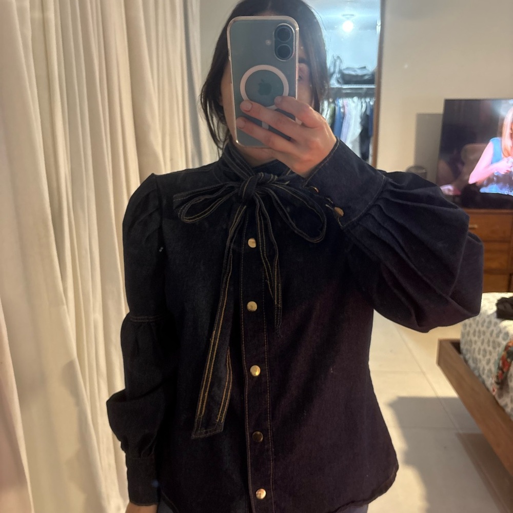 Denim Blouse w/ Puff Sleeves & Bow